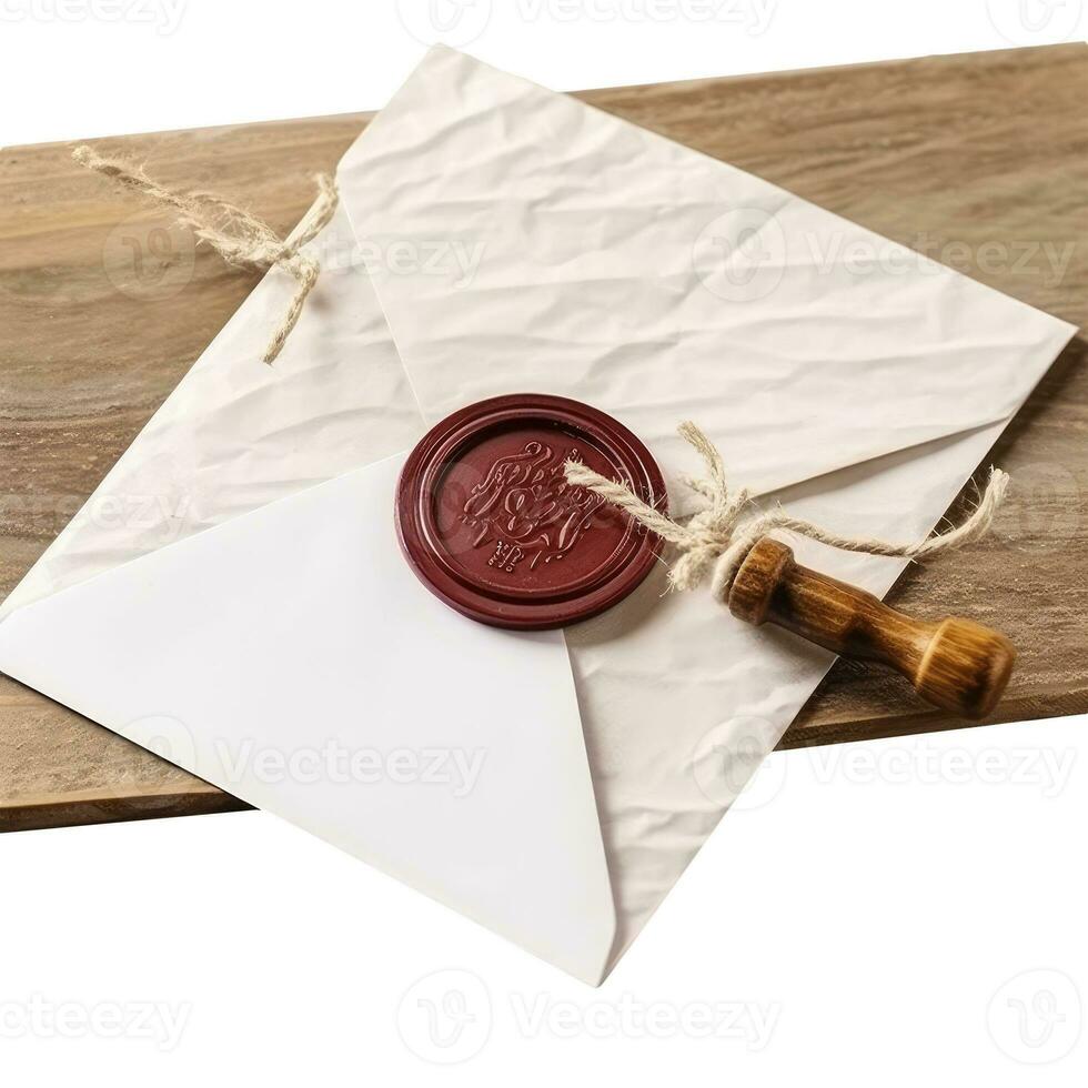 Top View of Red Wax Sealed White Old Letter Envelope on Wooden Board. photo