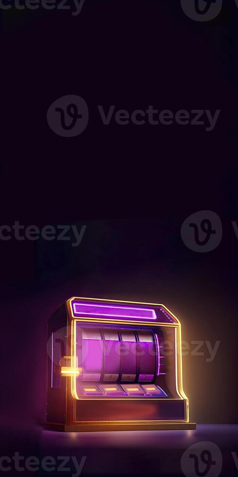 Purple and Golden Shiny Empty Slot Machine on Dark Background with Copy Space. Casino Game Concept, Technology. photo