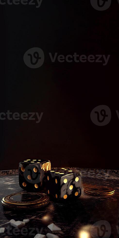 Golden and Black Combination of Casino Game Metal Dices, Poker Chips or Token on Marble Texture Background with Copy Space. . photo