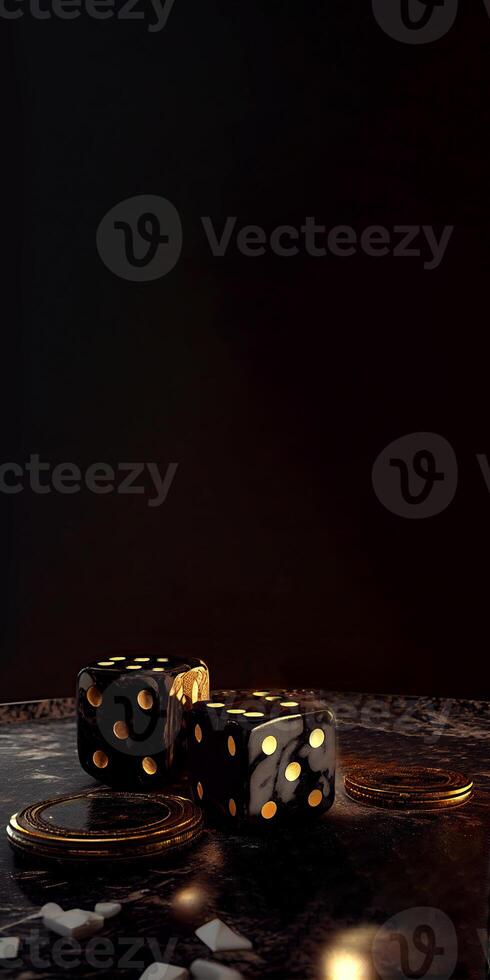 Golden and Black Combination of Casino Game Metal Dices, Poker Chips or Token on Marble Texture Background with Copy Space. Generative AI. photo