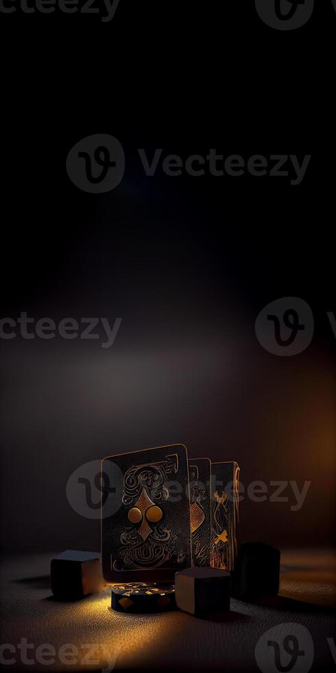 Black and Golden Playing Cards, Cubes and Poker Chips on Dark Background with Copy Space. Casino Game or Gambling Concept. . photo