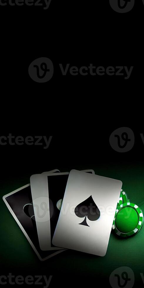 Playing Cards and Casino Chips on Dark Green Background with Copy Space. Gambling Concept. Technology. photo