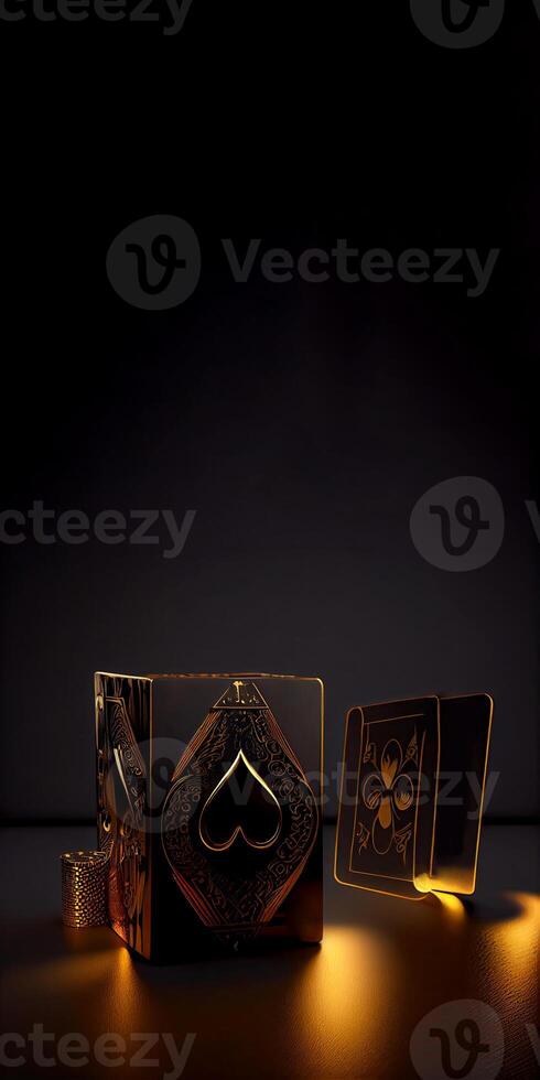 Black and Golden Playing Cards and Poker Chips on Dark Background with Copy Space. Casino Game or Gambling Concept. . photo