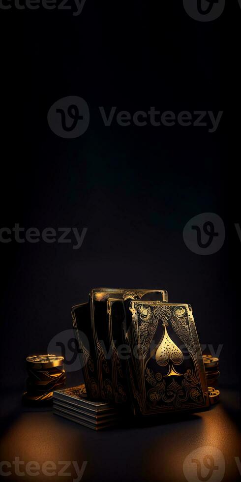 Black and Golden Combination of Playing Cards with Poker Chips and Copy Space on Dark Background. Casino Game or Gambling Concept. Generative AI. photo