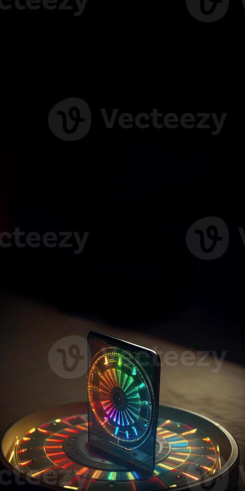 Colorful Glowing Roulette Wheel in Smartphone Screen and Copy Space for Online Casino Game Concept. Technology. photo