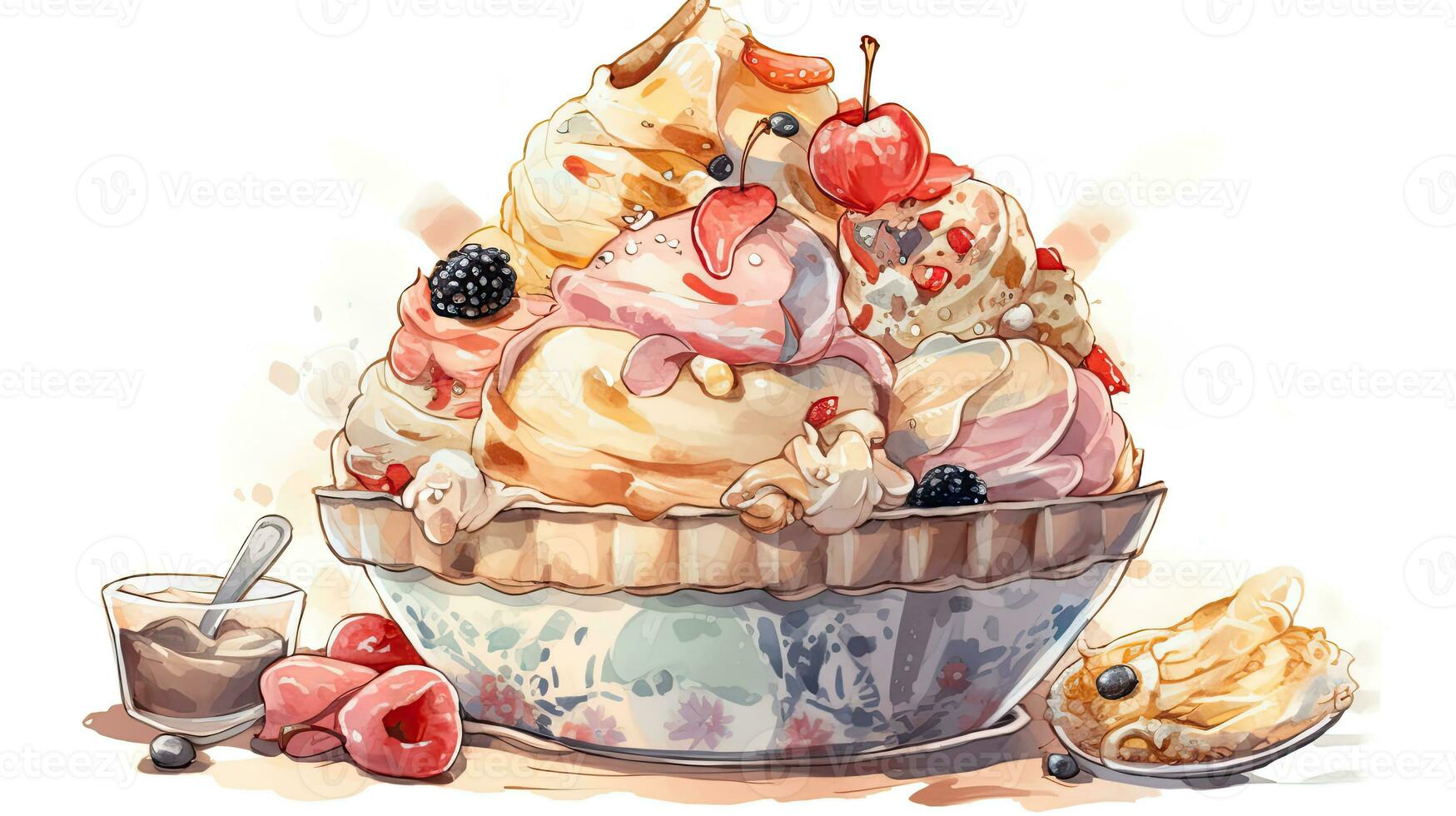 Watercolor Image of Berries Garnish Ice Cream Serving Bowl Illustration. photo