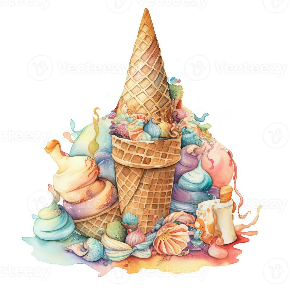 A Fantasy Sweet Candy Land of Ice Cream Watercolor Drawing Image. photo