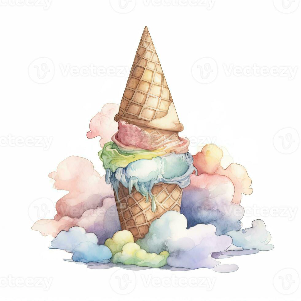 A Painting of Colorful Skyline Ice Cream Wafer Cone in Sky Clouds. photo
