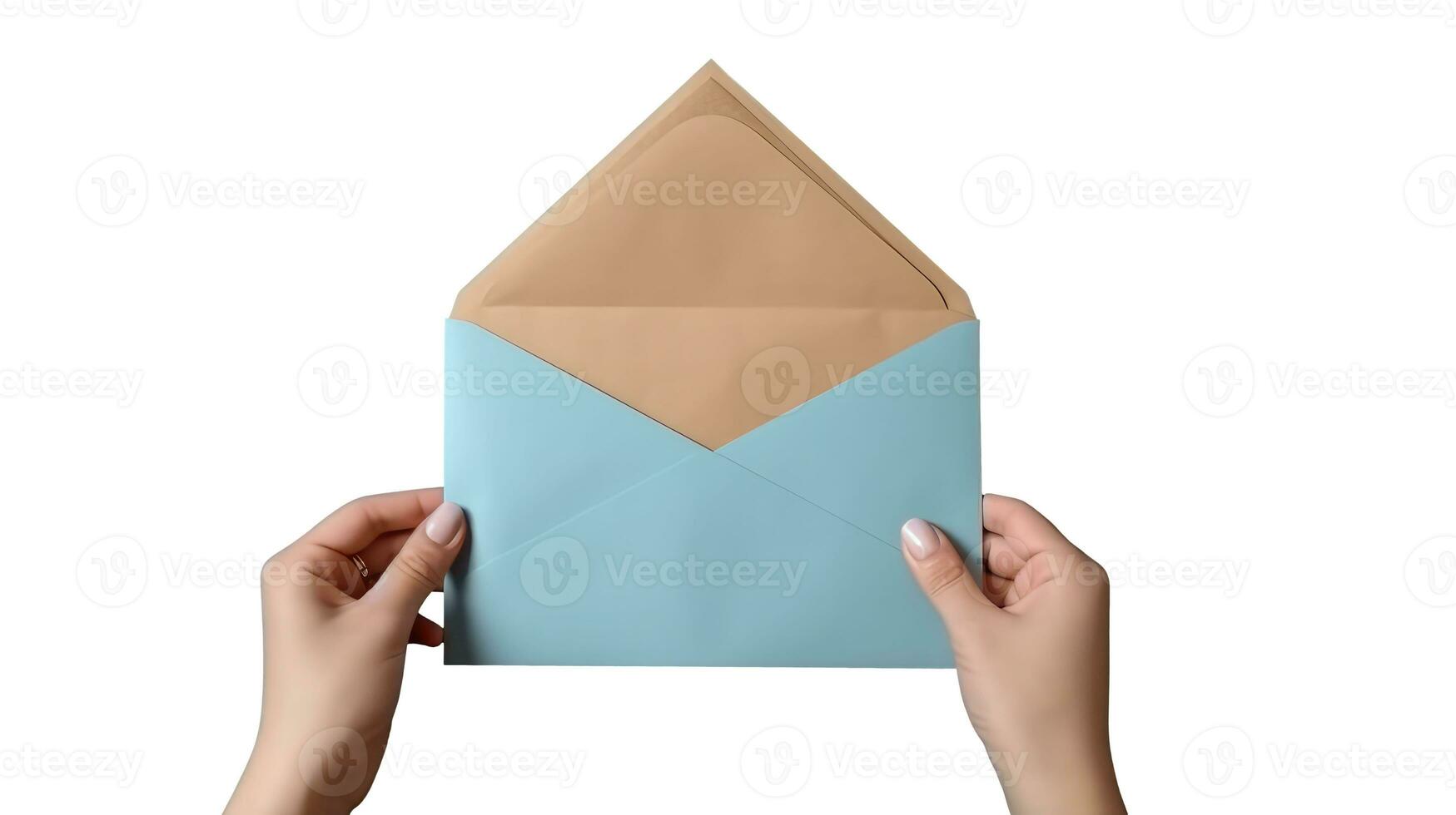 Photography of Female Hand Holding Craft Paper Envelope on White Background. photo