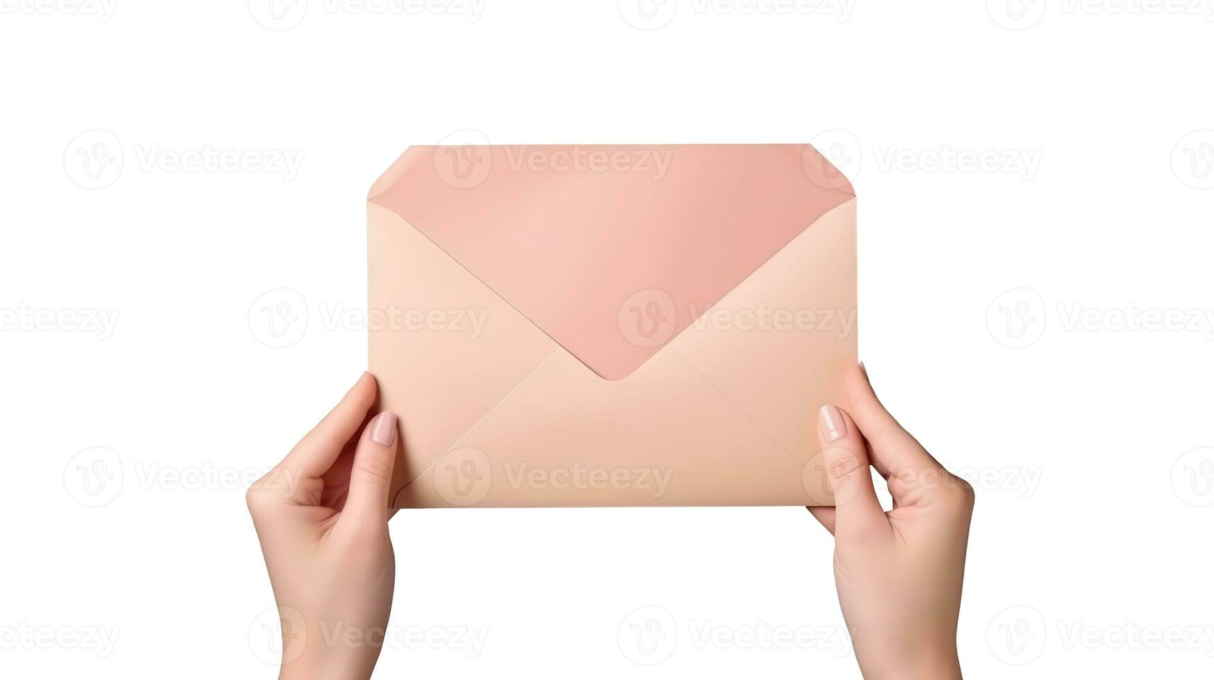 Top View of Female Hand Holding Pink Envelope on White Background. photo