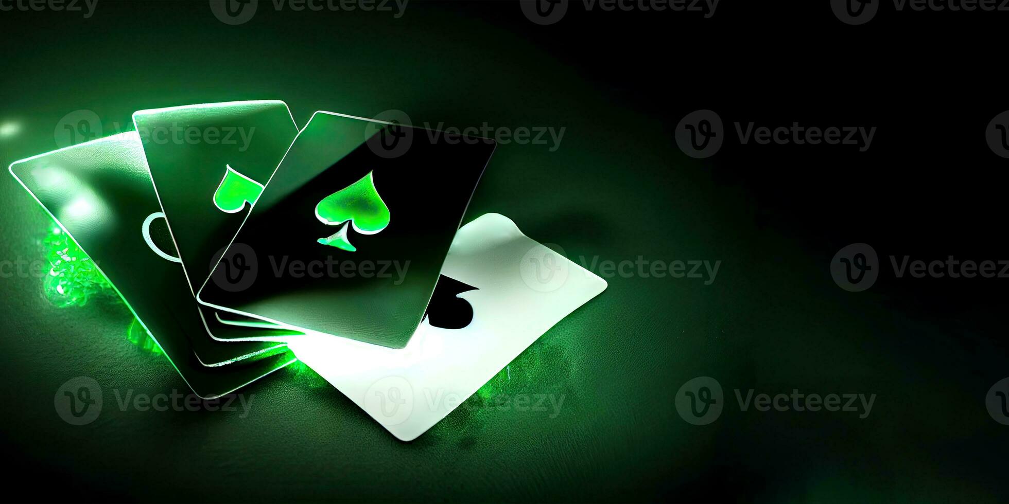 Glowing Playing Cards and Copy Space on Green Background for Gambling Concept. Generative AI Technology. photo