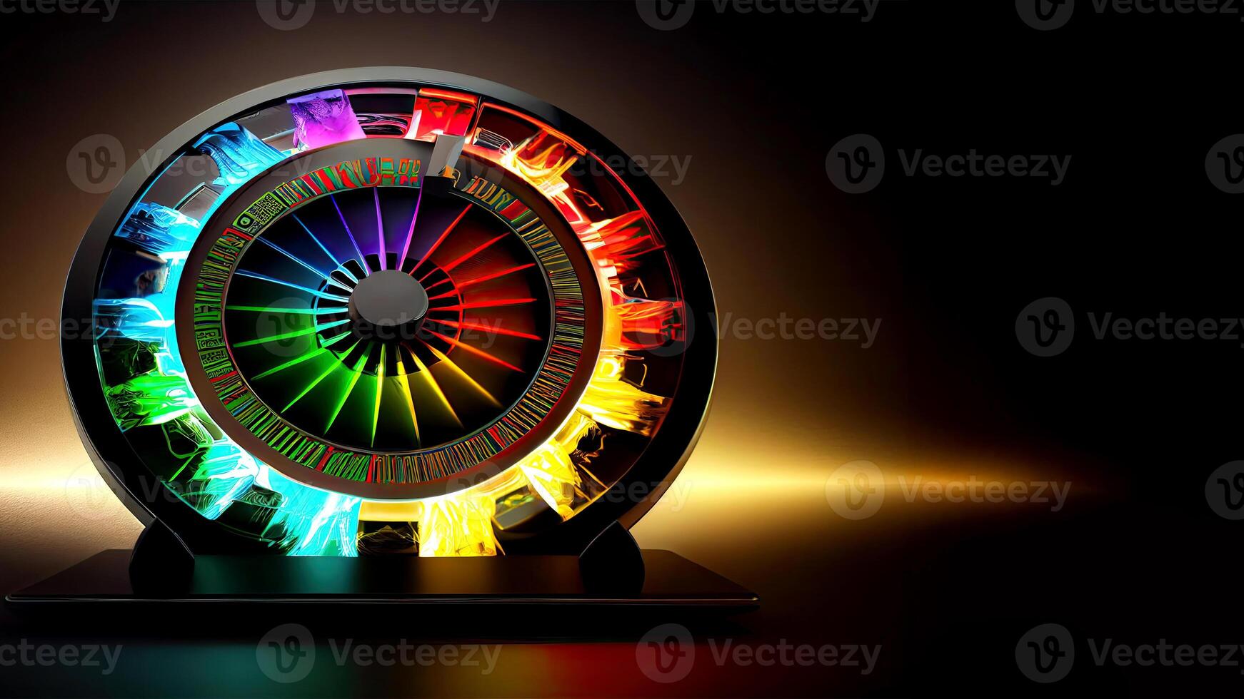 Colorful Glowing Lights Roulette Wheel on Smartphone Screen, Online Casino Game Concept. Technology. photo