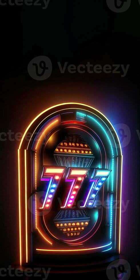 Marquee 777 Number on Neon Casino Arch Board or Frame and Copy Space. Gambling Concept. Generative AI Technology. photo