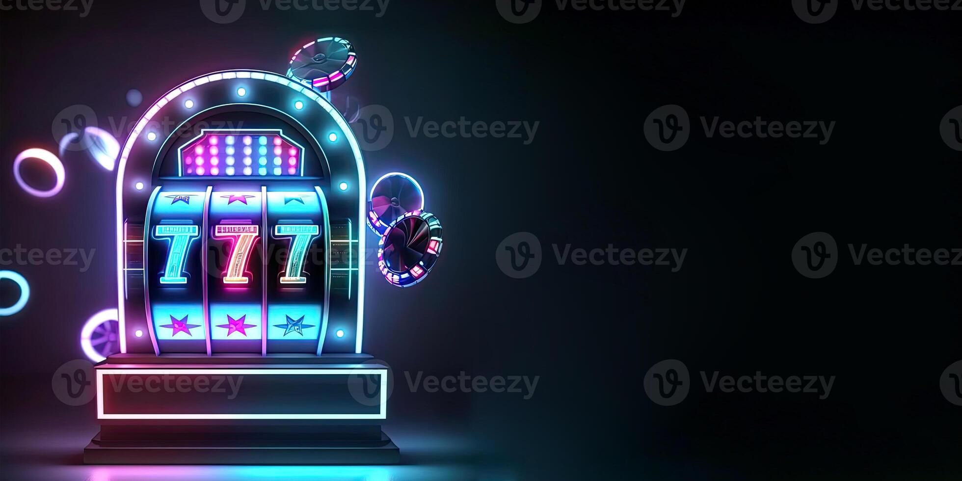 Glowing Neon Casino Slot Machine with 777 Symbol, Floating Poker Chips or Token on Dark Background. Technology. photo