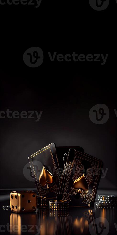 Black and Golden Combination of Playing Cards, Dices, Poker Chips on Dark Background with Copy Space. Casino Game or Gambling Concept. . photo