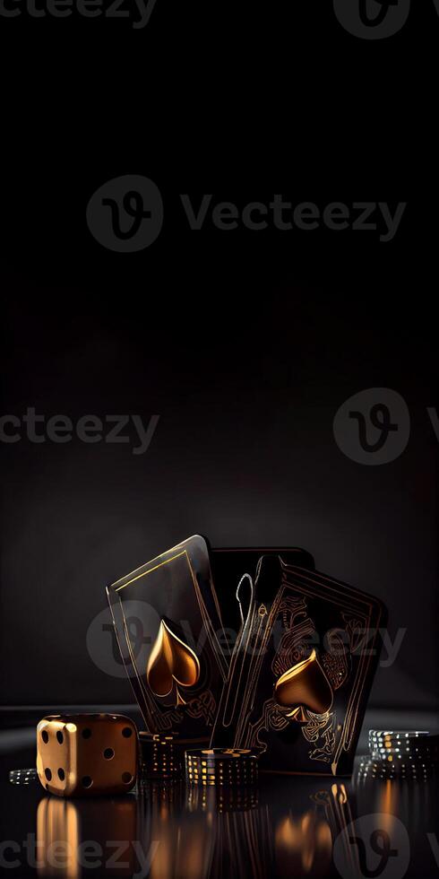 Black and Golden Combination of Playing Cards, Dices, Poker Chips on Dark Background with Copy Space. Casino Game or Gambling Concept. Generative AI. photo