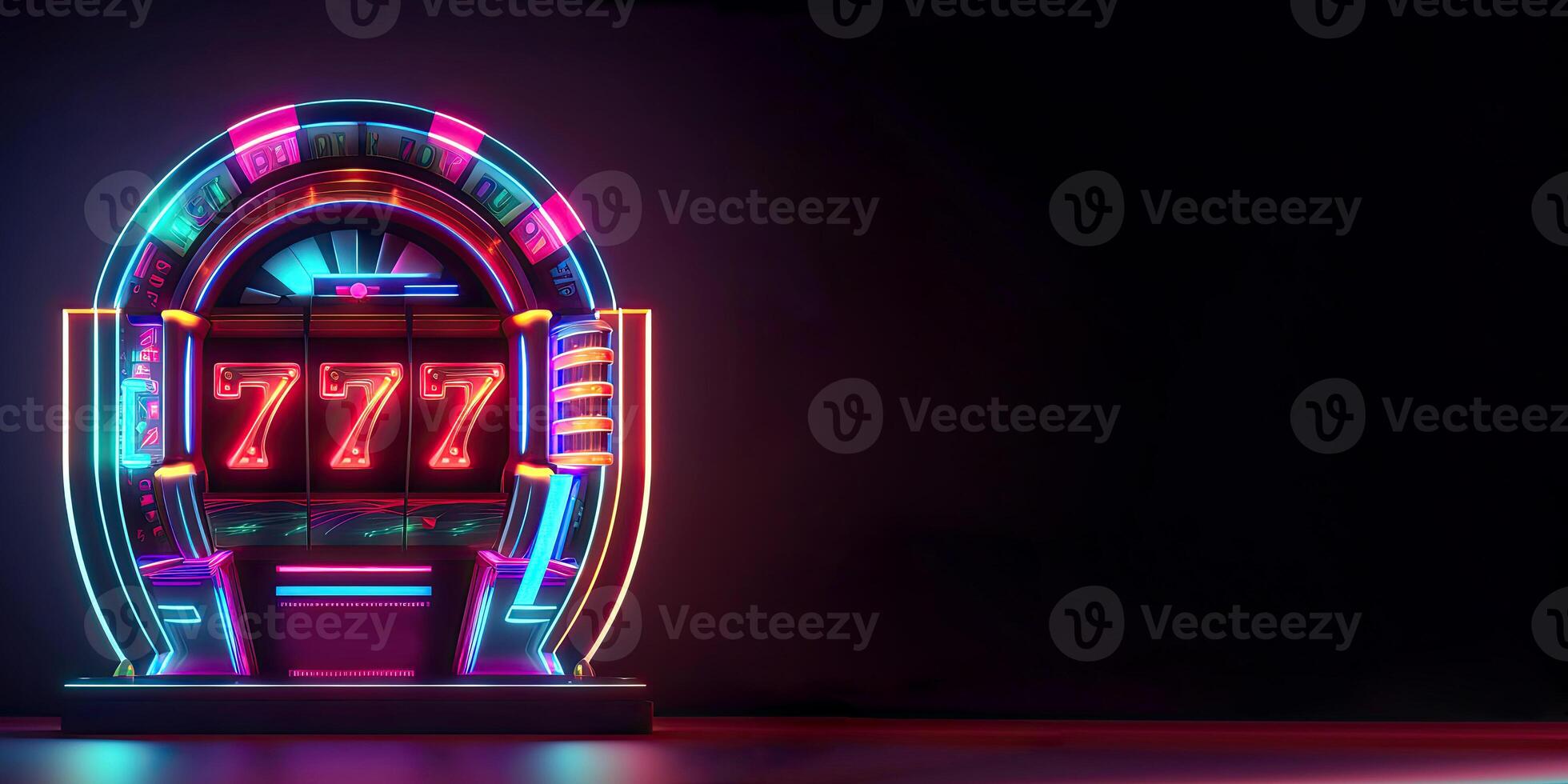 Neon Lighting Slot Machine with 777 Symbol on Dark Background. Casino Game Concept, Technology. photo