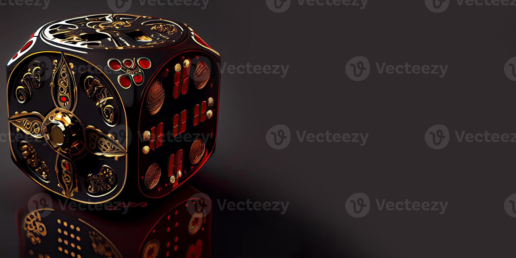 Black, Golden and Red Casino Game Metal Dice Used for Role Playing Game and Copy Space. Technology. photo