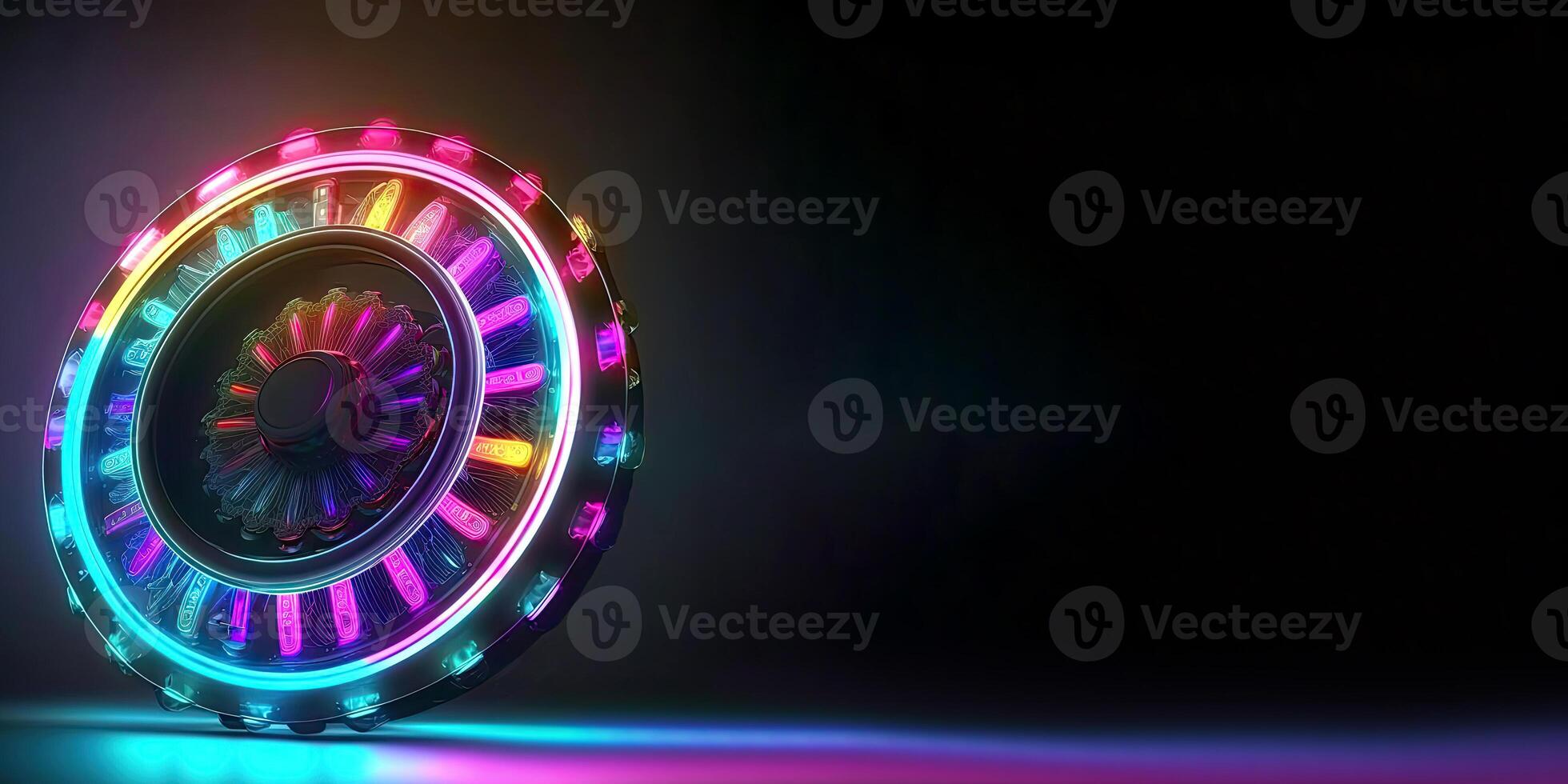 Neon Lighting Roulette Wheel on Dark Background, Casino Game Concept. Technology. photo