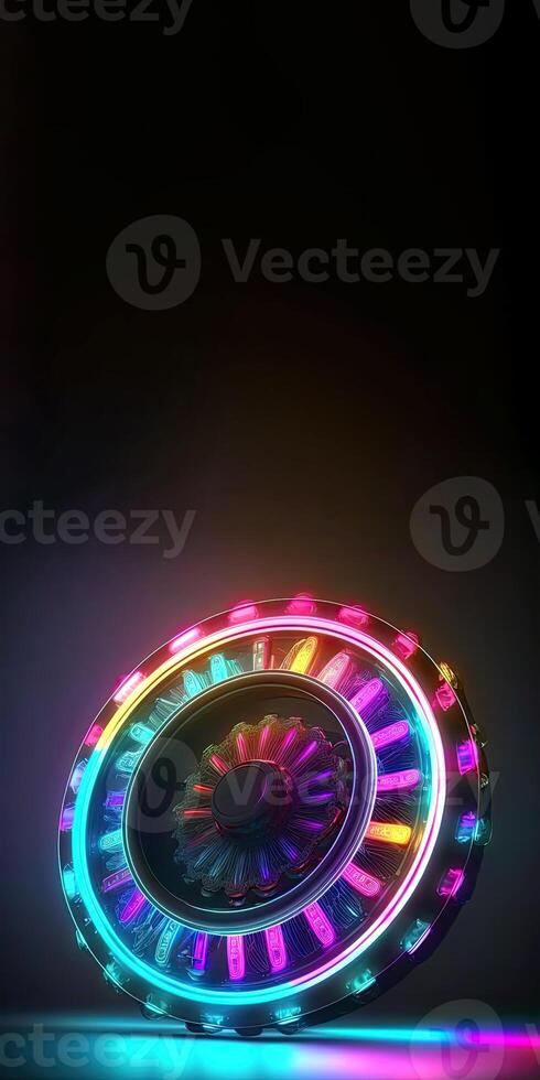 Neon Lighting Roulette Wheel on Dark Background, Casino Game Concept. Generative AI Technology. photo