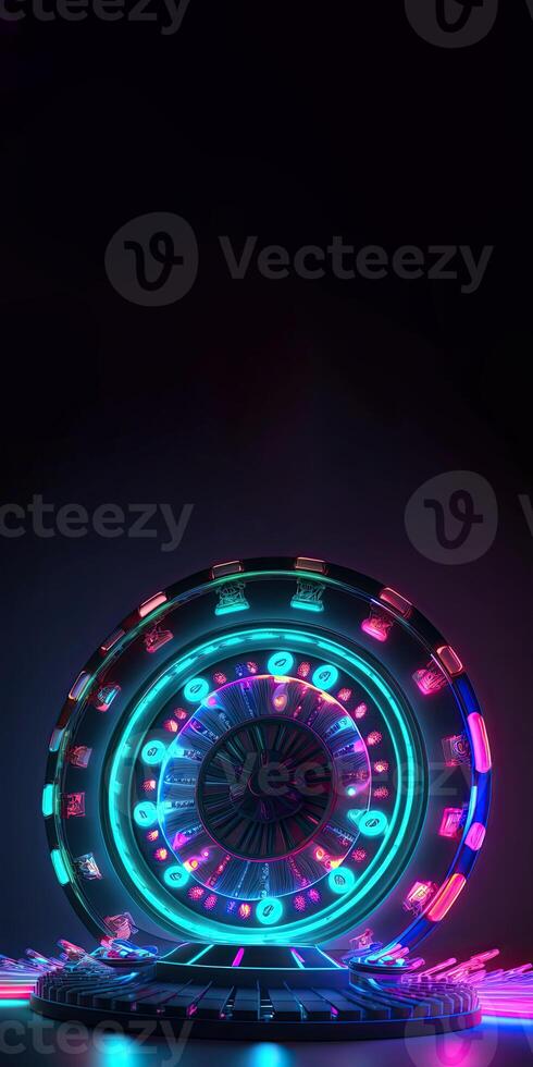 3D Render of Glowing Neon Roulette Wheel with Flares on Dark Background, Casino Game Concept. Technology. photo