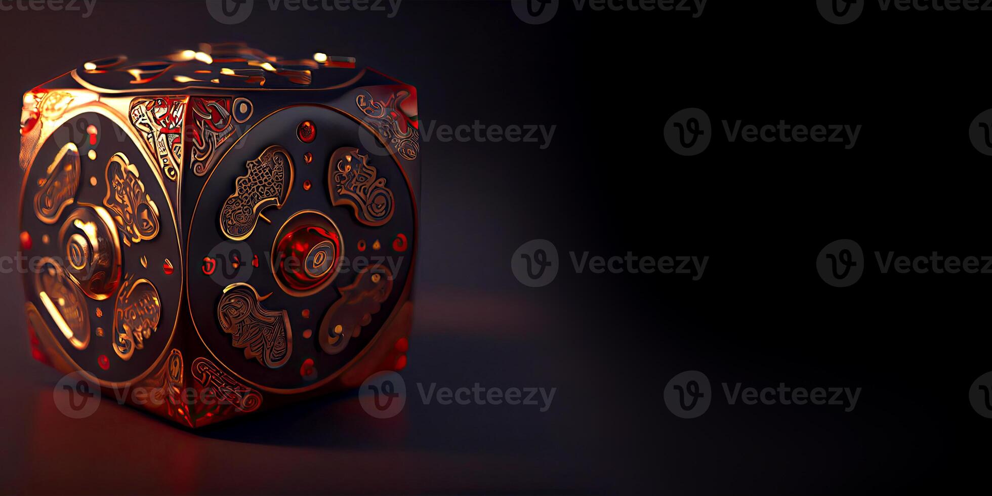 Casino Game Metal Dice in Black, Golden and Red Color. Role Playing Game Concept. Technology. photo
