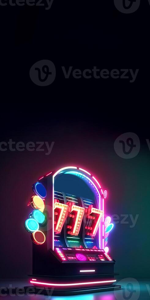 Colorful Glowing Neon Slot Machine with 777 Symbol, Poker Chips or Token on Dark Background, Casino Game Concept. Technology. photo