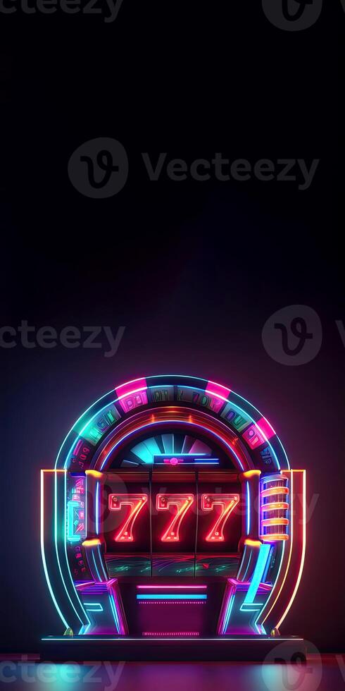 Neon Lighting Slot Machine with 777 Symbol Jackpot on Dark Background. Casino Game Concept, Generative AI Technology. photo