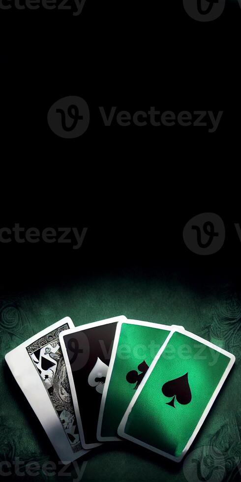 Poker or Playing Cards on Dark Green Vintage Flourish Background. Concept of Gambling, Casino Game. Generative AI. photo