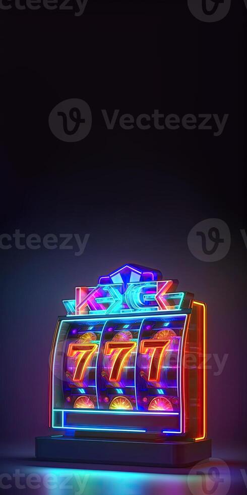 Glowing Neon Casino Slot Machine with 777 Symbol on Dark Background. Technology. photo