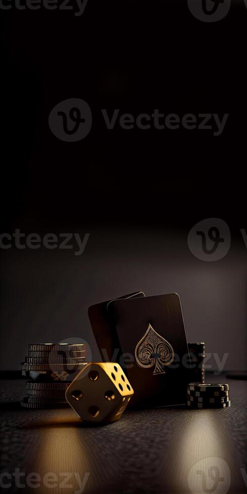 Black and Golden Combination of Playing Cards with Dice, Poker Chips on Dark Background. Casino Game or Gambling Concept. . photo