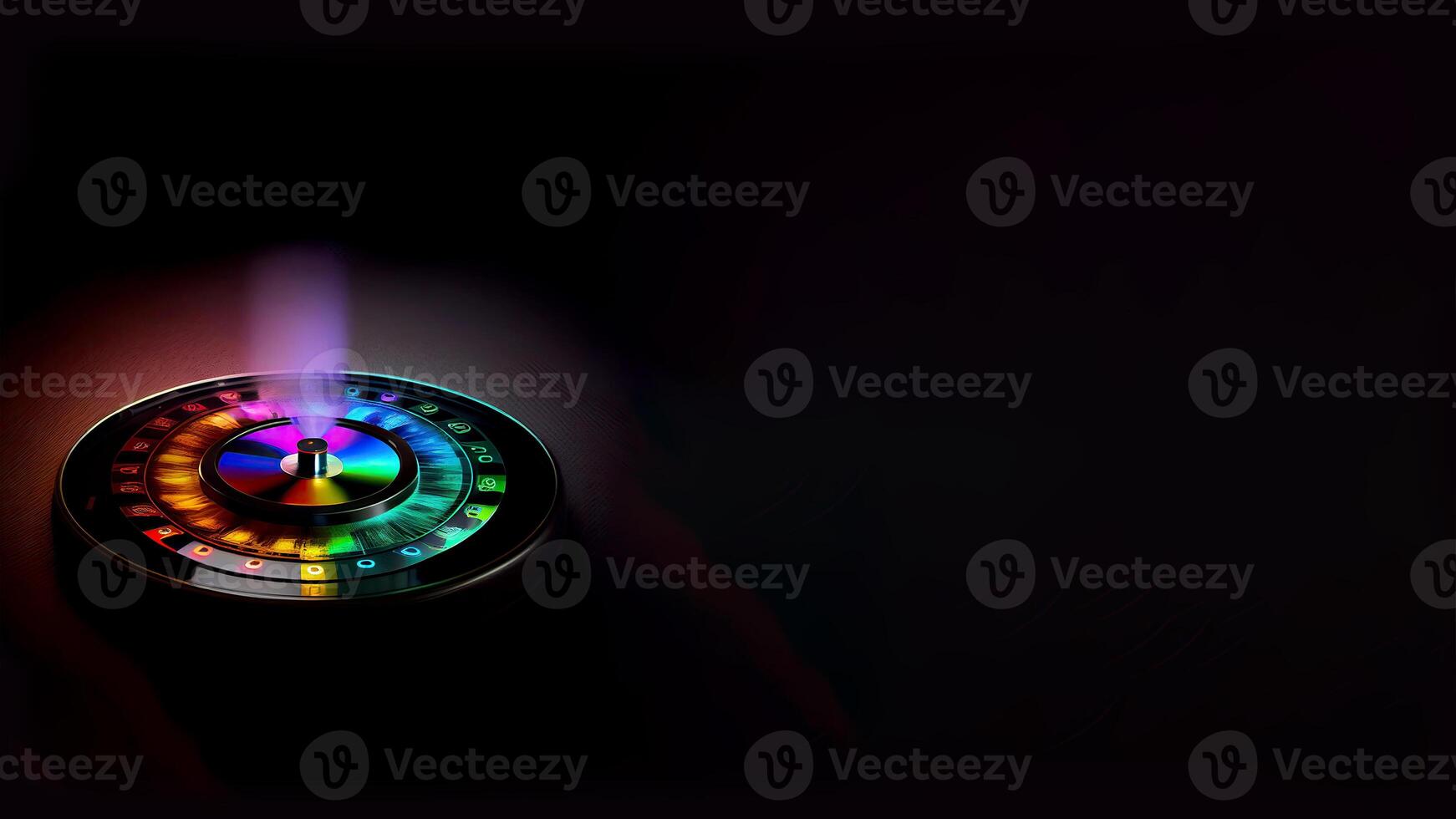 Colorful Glowing Lights Roulette Wheel and Copy Space on Dark Background, Casino Game Concept. Technology. photo