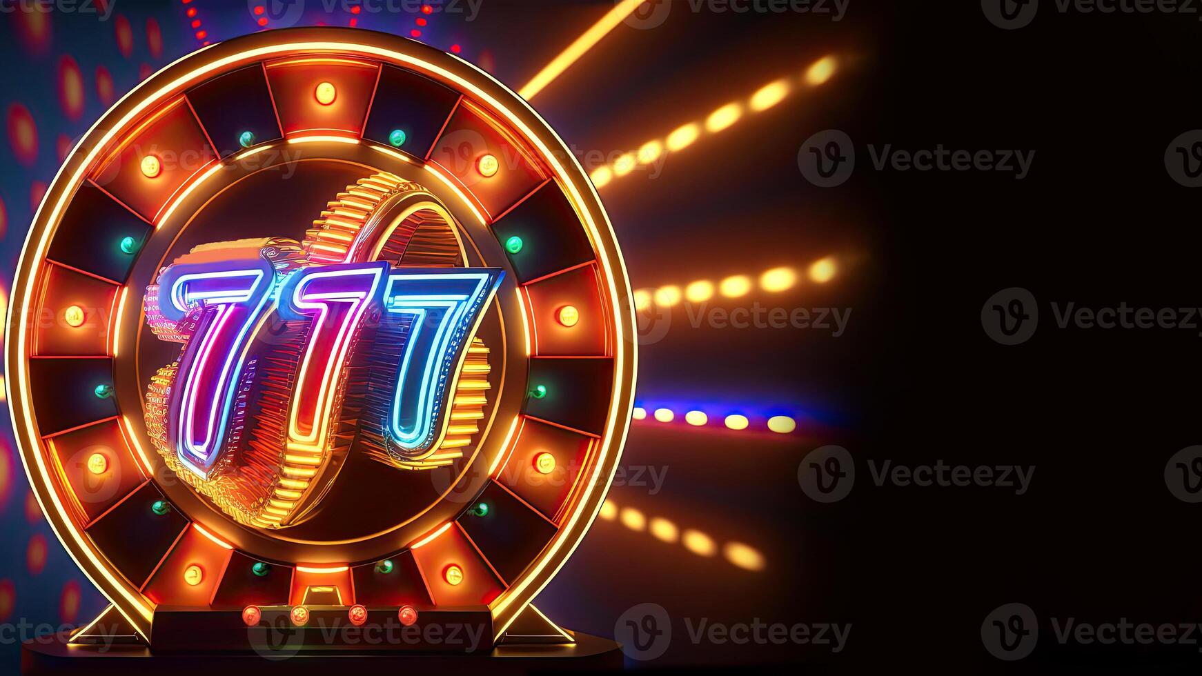 brillante neón 777 número en hilado rueda o circular marco y extensión luces en oscuro antecedentes para anuncio publicitario, casino juego concepto. generativo ai tecnología. foto