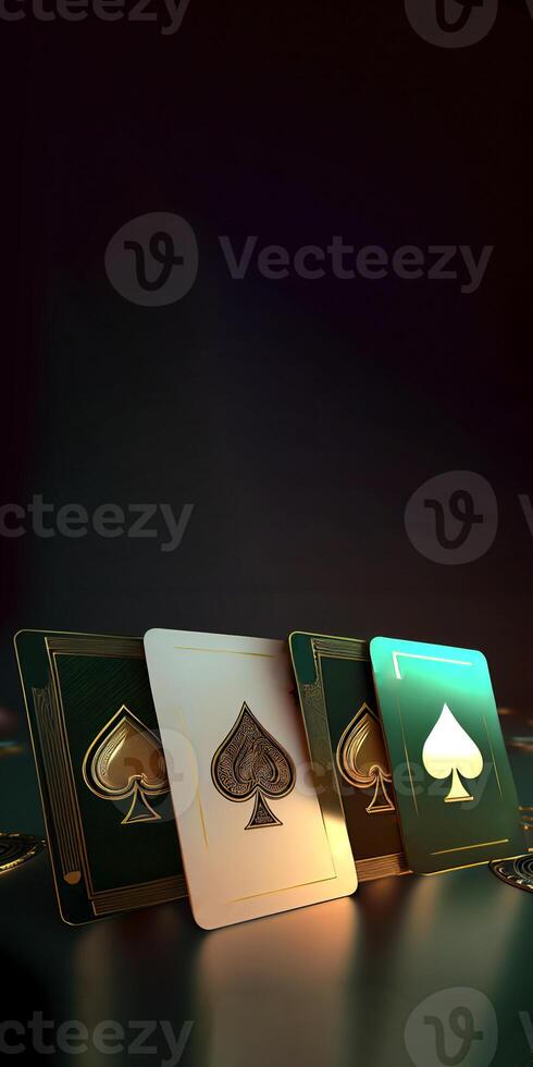Green and White Playing Cards with Golden Spade Symbol on Dark Background and Copy Space. Casino Game or Gambling Concept. . photo