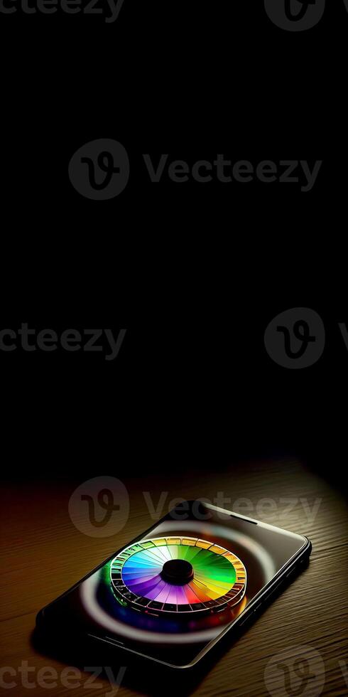 Colorful Glowing Roulette Wheel on Smartphone Screen and Copy Space for Online Casino Game Concept. Technology. photo