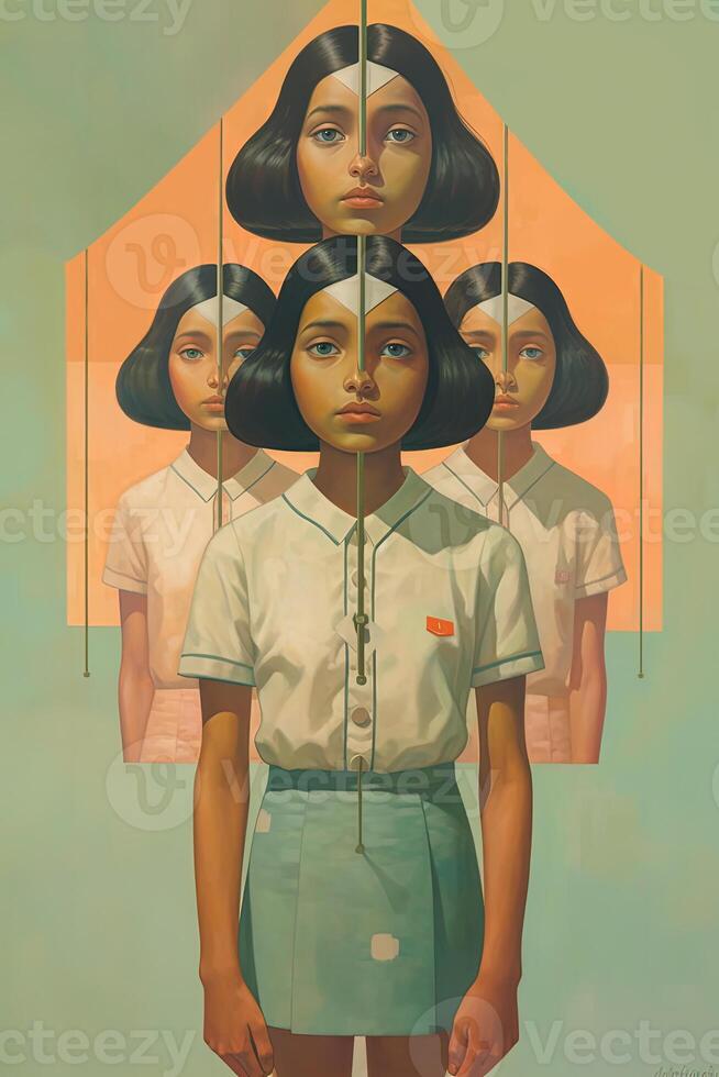 Multiple Personality Girl on Orange and Green Background. . photo