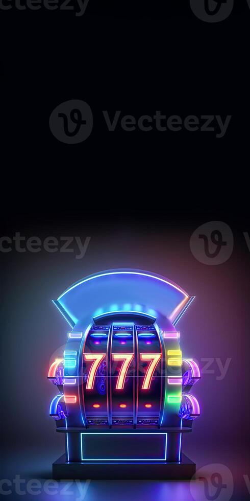 Colorful Glowing Neon Slot Machine with 777 Symbol on Dark Background, Casino Game Concept. Generative AI Technology. photo