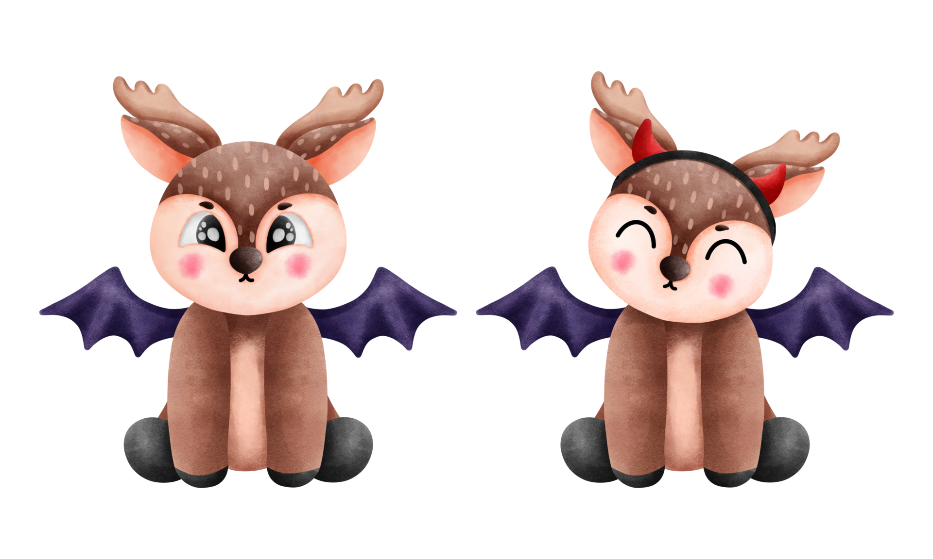 Festive halloween reindeer illustration. Adorable creatures with bat