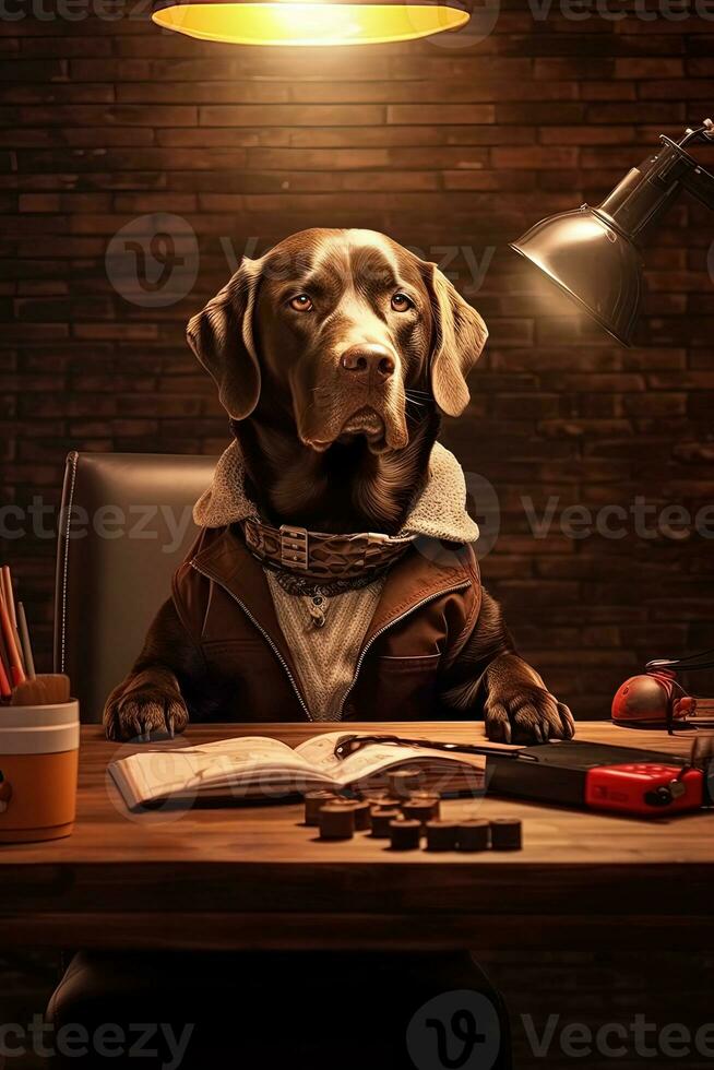 Serious Labrador Retriever Dog Standing with Blank Notebook and Illuminate Table Lamp In Brown Room. Generative AI. photo