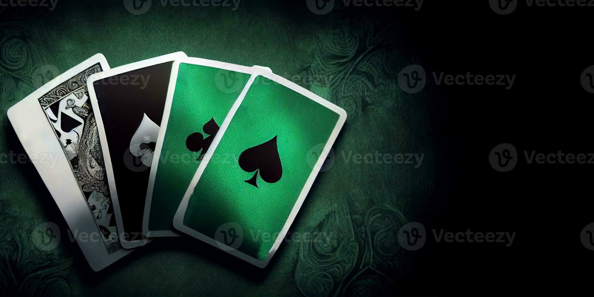 Poker or Playing Cards on Dark Green Vintage Flourish Background. Concept of Gambling, Casino Game. Generative AI. photo