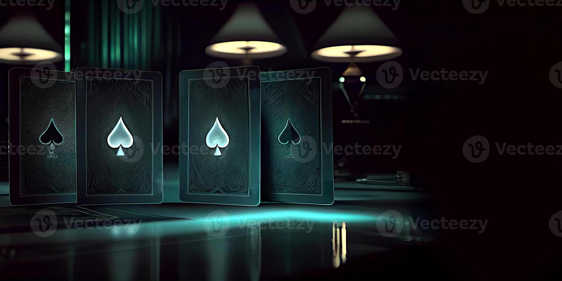 Playing Cards of Spade Against Dark Teal Background and Hanging Ceiling Lamps, Casino Game and Gambling Concept. Technology. photo