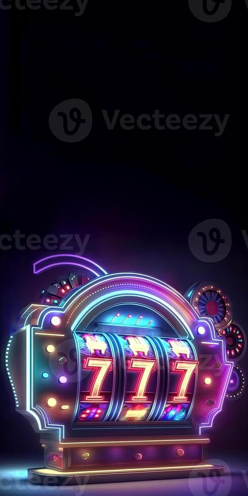 Neon Lighting Casino Slot Machine with 777 Symbol in High Resolution, Excellent Quality, Abstraction. Generative AI Technology. photo