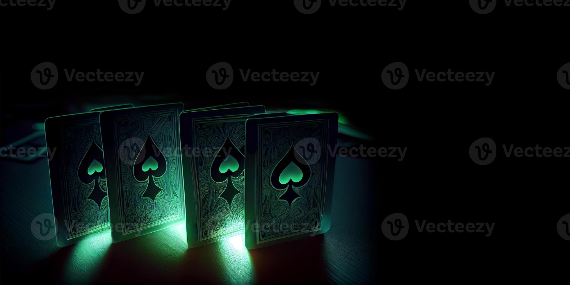 Green Playing Cards with Spade Symbol, Light Effect on Dark Background and Copy Space. . photo
