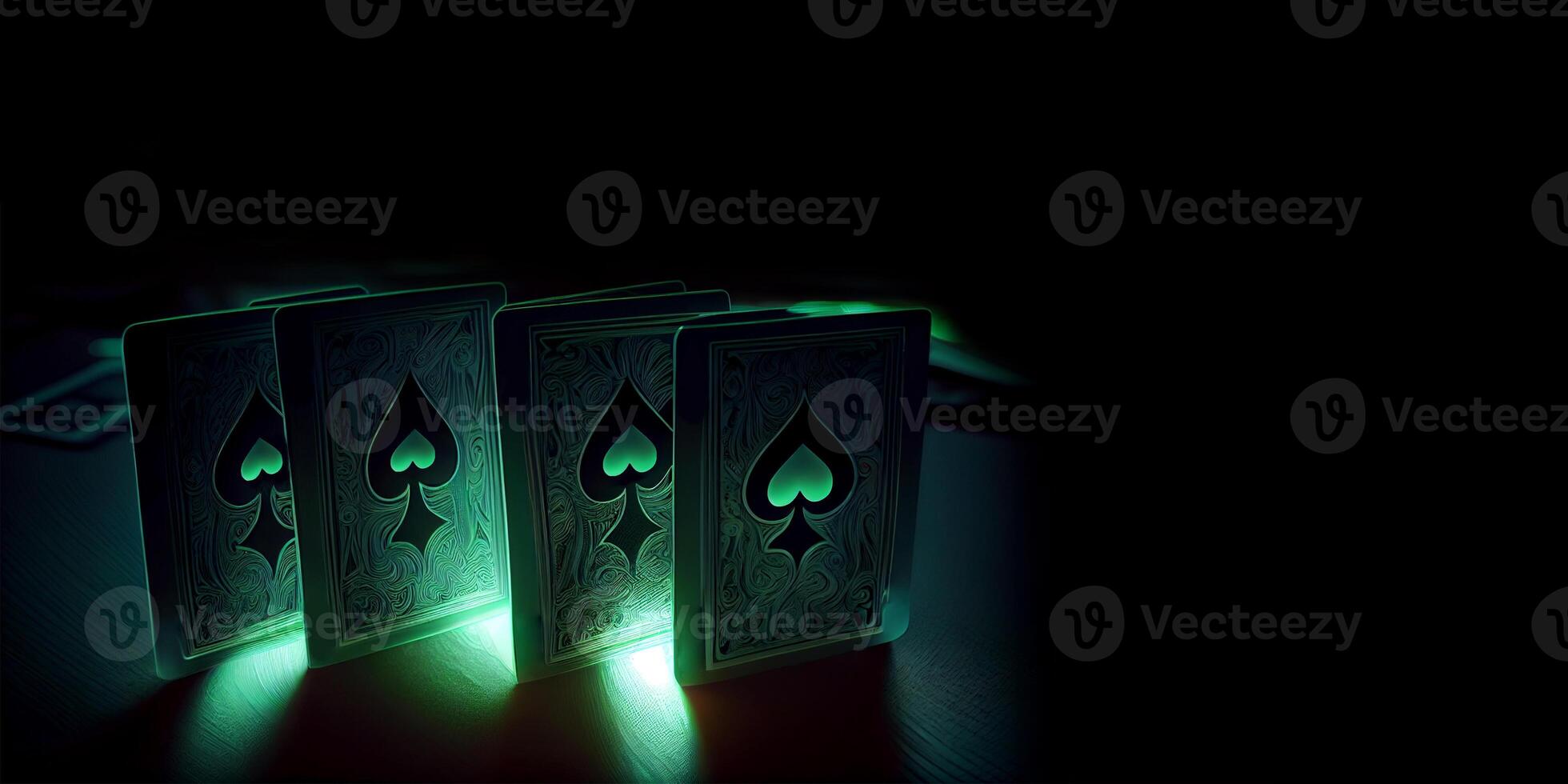 Green Playing Cards with Spade Symbol, Light Effect on Dark Background and Copy Space. Generative AI. photo