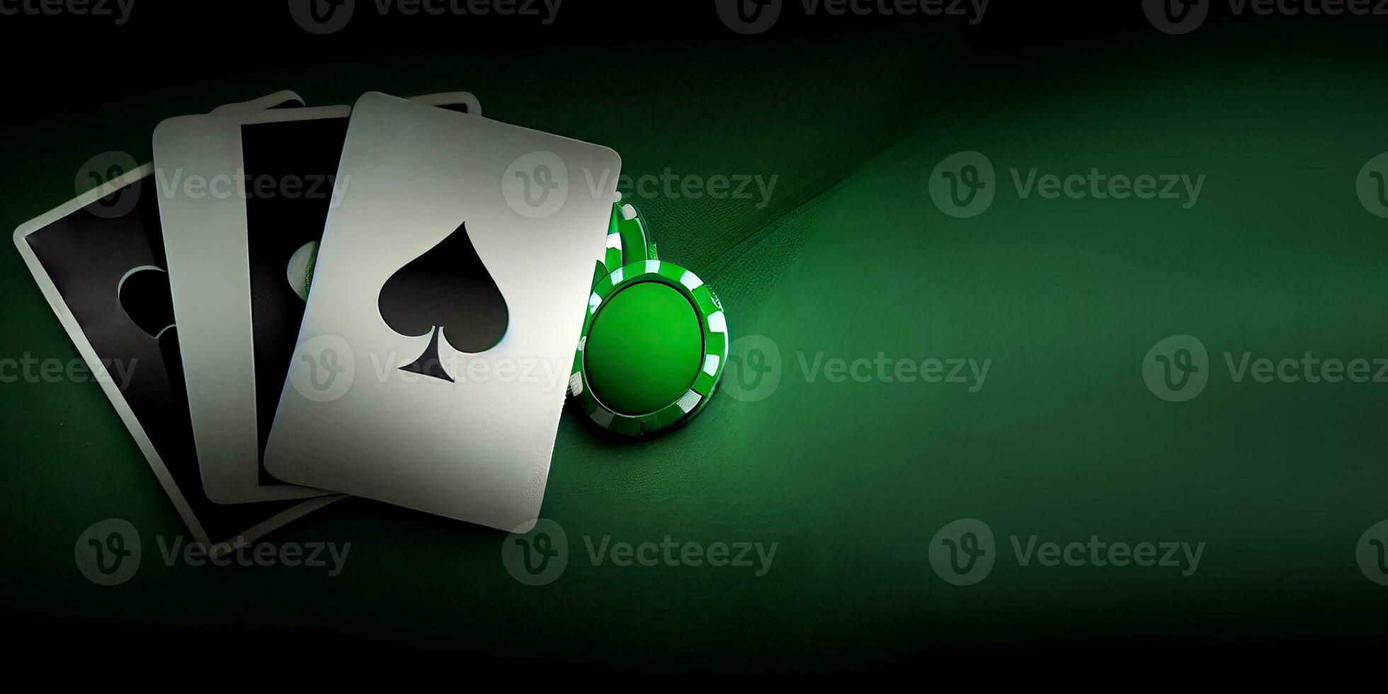Playing Cards and Casino Chips on Dark Green Background with Copy Space. Gambling Concept. Generative AI Technology. photo