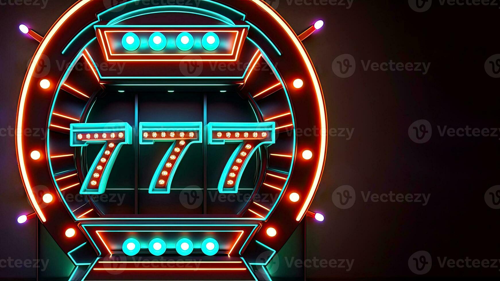 Glowing Neon 777 Slot Machine in Marquee Circular Frame or Board and Copy Space for Advertisement, Casino Game Concept. Generative AI Technology. photo