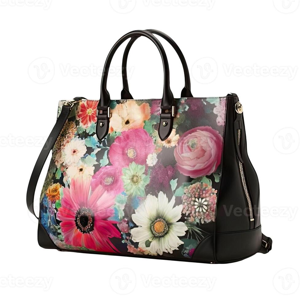 Female Hand Bag with Floral Pattern on White Background. . photo