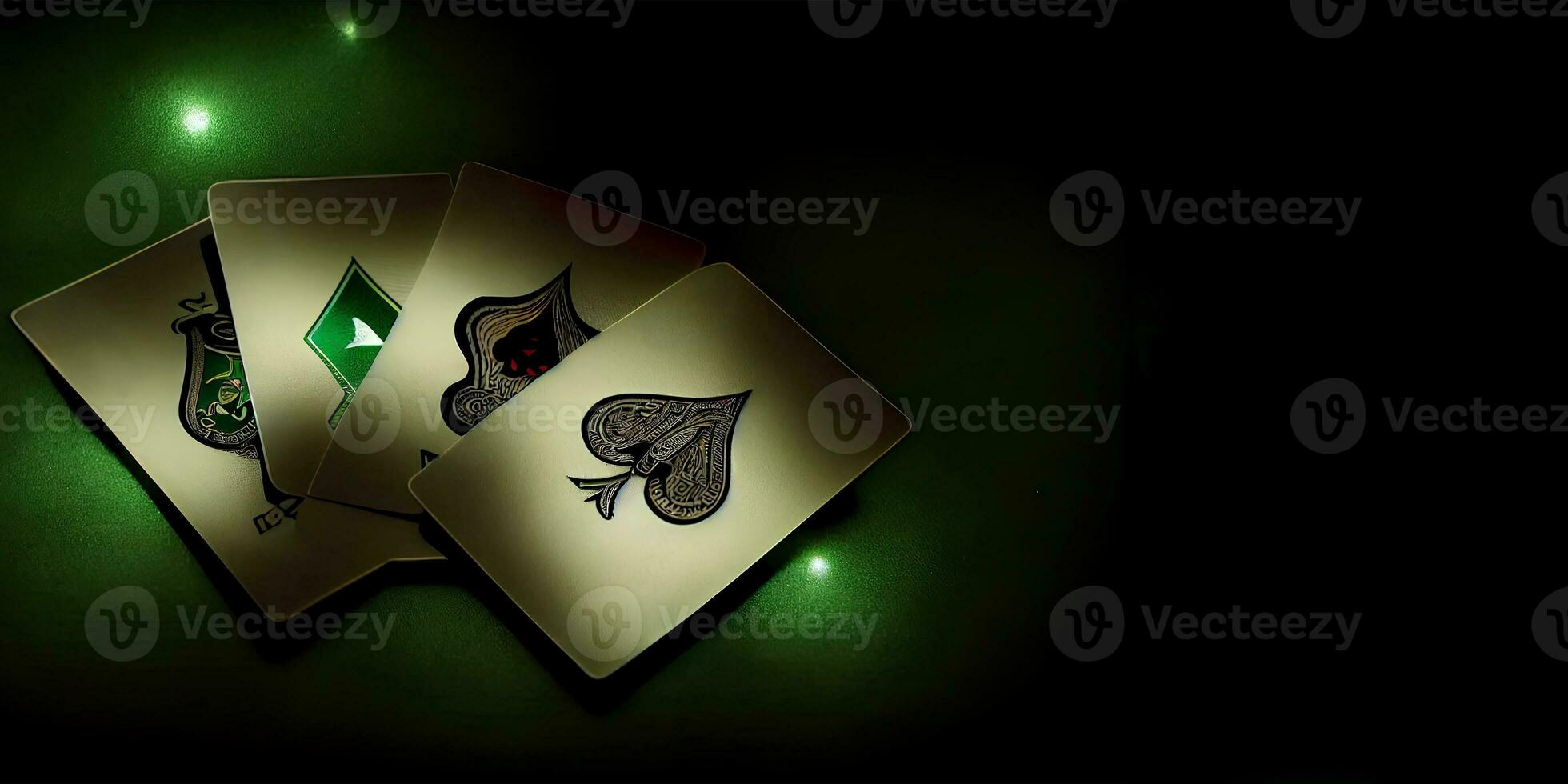 dorado póker o jugando tarjetas con ligero efecto en oscuro verde antecedentes. concepto de juego, casino juego. generativo ai. foto