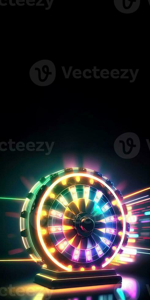 Glowing Neon Roulette Wheel and Spreading Lights on Dark Background, Casino Game Concept. Generative AI Technology. photo