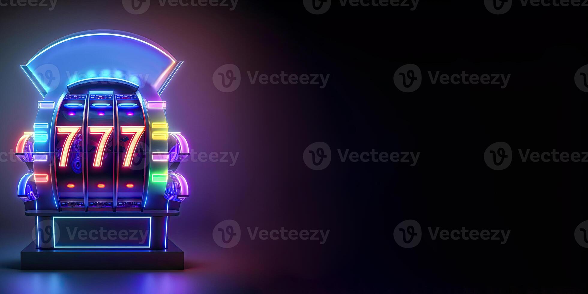 Colorful Glowing Neon Slot Machine with 777 Symbol on Dark Background, Casino Game Concept. Generative AI Technology. photo